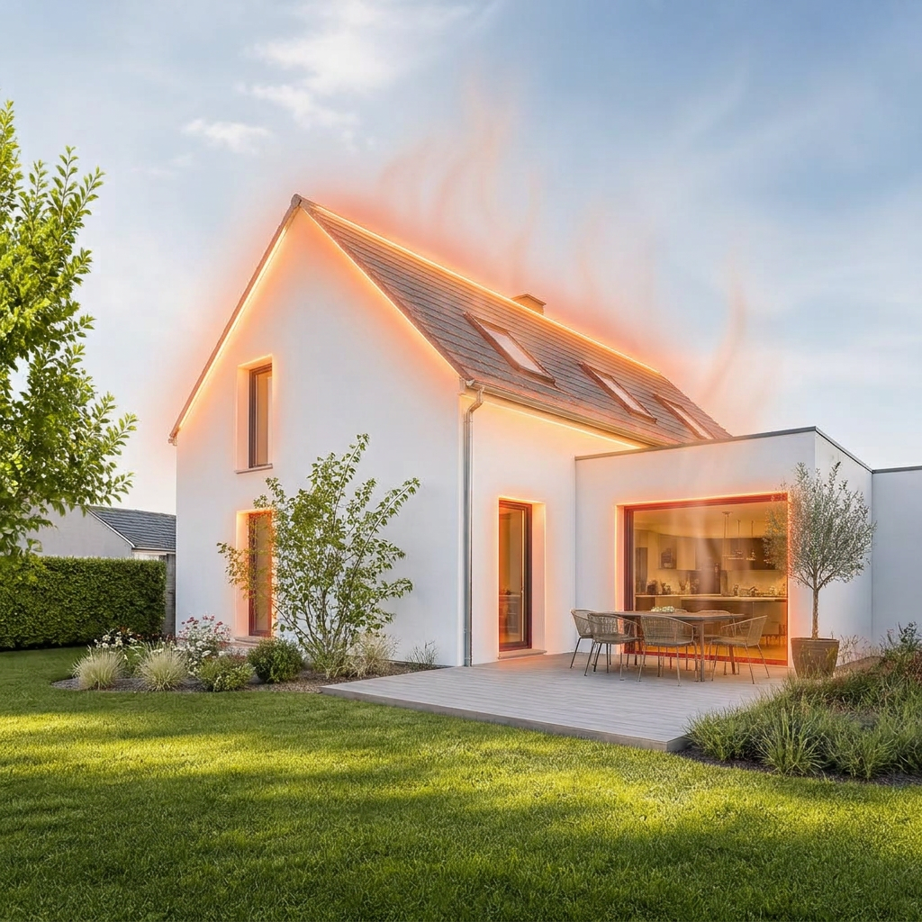 Maison individuelle lumineuse avec un halo de chaleur visible au niveau de la toiture et des fenêtres