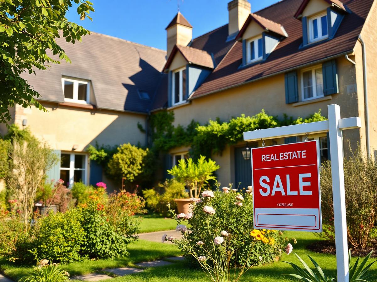 Maison française à vendre avec panneau dans le jardin